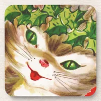 vintage Christmas kitty Beverage Coaster