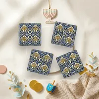 Classic Blue Tile Hanukkah Menorah Coaster Set