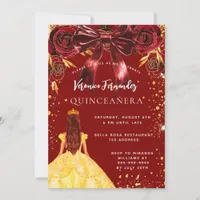 Quinceanera red gold dress bow florals invitation