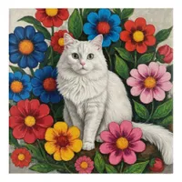 Fluffy White Cat and Folk Art Flowers