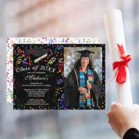 Photo Graduation Black Cap Confetti Class Black Invitation