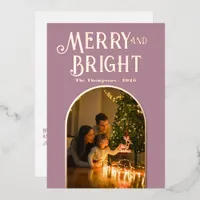 Modern Dusty Mauve & Rose Gold Christmas Photo Foil Holiday Card