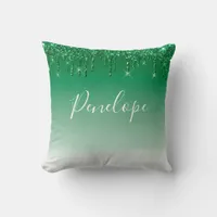 Green Glitter Dripping Monogram Throw Pillow