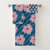 Pink Flowers And Stripes Bath Towel Set