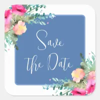 Blue Floral Pink Rosebud Wedding Save the Date Square Sticker