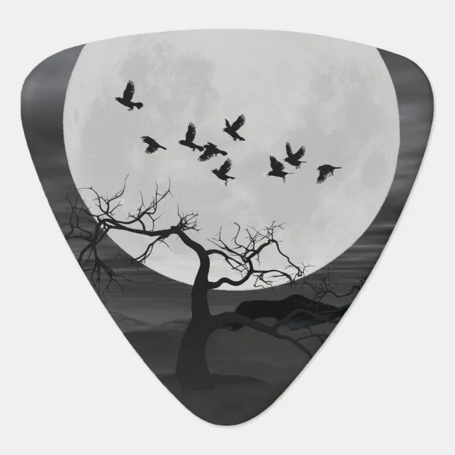 Spooky Ravens Flying Against the Full Moon Guitar Pick