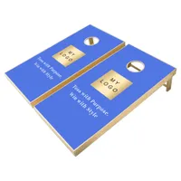 Business logo royal blue white text quote cornhole set