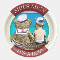 Ships Ahoy, It's a boy, Nautical Baby Shower Theme Classic Round Sticker