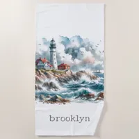 Modern Coastal Beach Lighthouse  Beach Towel