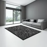 Grey Floral Pattern on Black | Rug