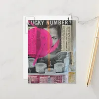 Lucky Number lady Mixed media collage Postcard