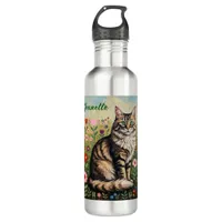 Fluffy Gray Tabby Cat and Folk Art Flowers Stainless Steel Water Bottle