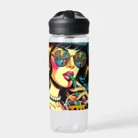 Pop Art Comic Book Pretty Woman Drinking Boba Water Bottle