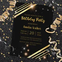 Modern Sparkly Gold And Black Birthday Party Invitation
