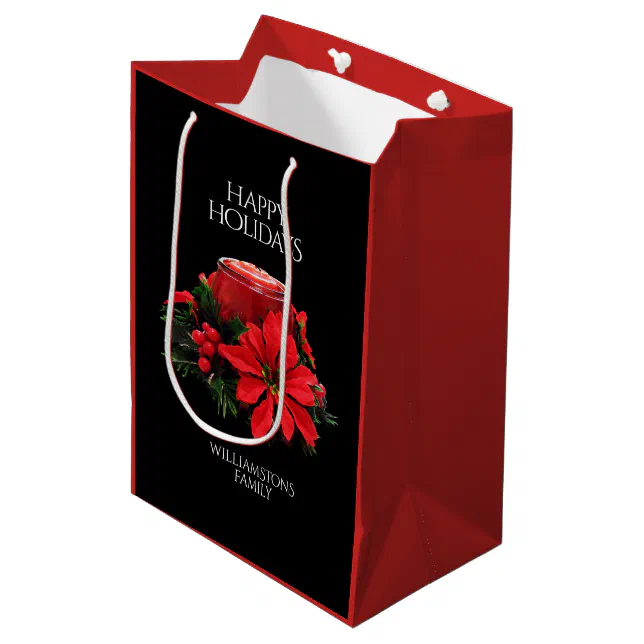 Festive Red Christmas Candle Holly Poinsettias Medium Gift Bag