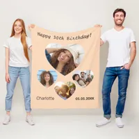 Birthday name photo heart collage peach fleece blanket