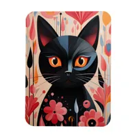 Adorable Black Cat With Pink Flowers Magnet