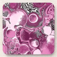 Pink, Magenta and Black Fluid Art Pour Painting   Beverage Coaster