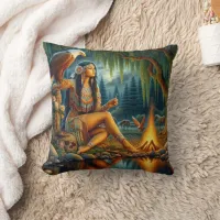 Native American Woman by Campfire, Eagle Throw Pillow