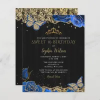 Budget Black Blue Roses Lace Sweet 16 Invitation