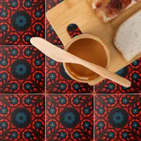 Folk Ethnic Red Black Blue Floral Pattern Ceramic Tile