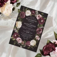 Elegant Dark Moody Floral Burgundy Wedding  Invitation