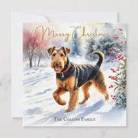 Airedale Terrier Dog In Winter Snow Christmas Holiday Card