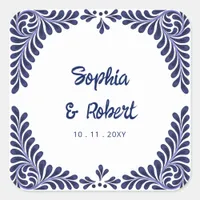 Mexican Navy Blue Talavera Tiles Wedding Square Sticker