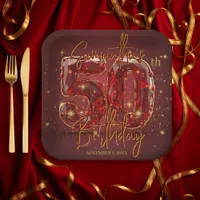 Elegant Ruby and Gold Gemstone 50th Birthday Paper Plates