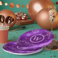 Festive Purple Foil Snowflakes Monogram Name Paper Plates
