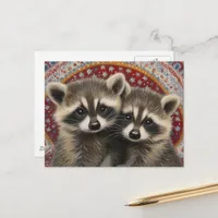 Cute Adorable Baby Raccoons Boho Postcard