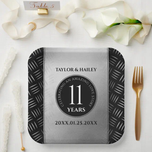 Elegant 11th Steel Wedding Anniversary Celebration Paper Plates