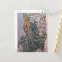Retro Squid and Map Collage Postcard