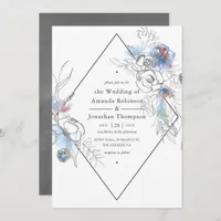 Black and White Watercolor Floral Diamond Wedding Invitation