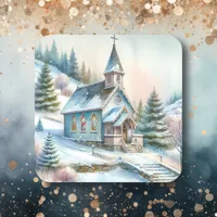 Church on a Snowy Winter Day | Christmas Square Sticker