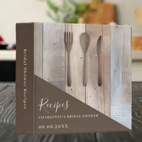 Wooden kitchen utensils brown Bridal Shower recipe 3 Ring Binder