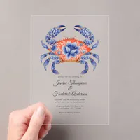 Navy & Coral Floral Crab Coastal Nautical Wedding Acrylic Invitations