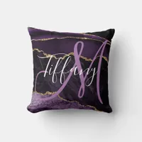 Modern Script Monogram Purple Agate Throw Pillow