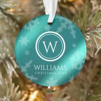 Festive Light Blue Foil Snowflakes Monogram Name Ornament