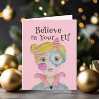 Mid Century Retro Elf Whimsical Christmas Poem Holiday Card