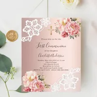 Rose gold pink florals First Communion invitation