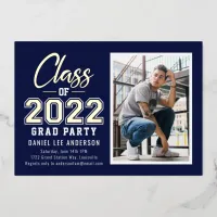 Grad Party | Navy Blue Photo Graduation Foil Invitation