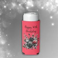 Happy 50th Birthday Red and Black Roses | Seltzer Can Cooler