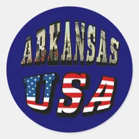 Arkansas Picture and USA Flag Text Classic Round Sticker