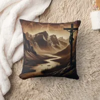 Jesus on Cross in Peaceful Mountains Throw Pillow