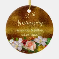 50th gold wedding anniversy white florals ceramic ornament