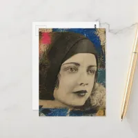 colorful collage with face from 1930s postcard