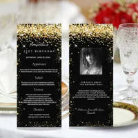 Birthday Menu black gold glitter photo fun facts