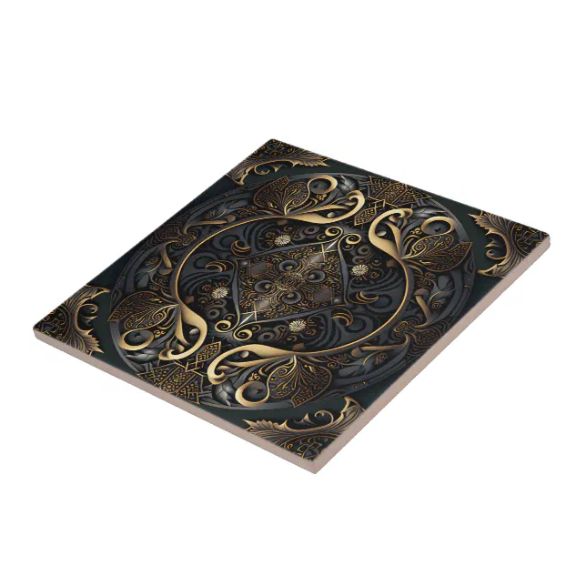 Medieval Golden color and black Engraved  Ceramic Tile