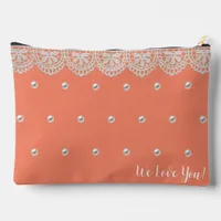 Elegant Lace and Pearls Coral Monogrammed Accessory Pouch